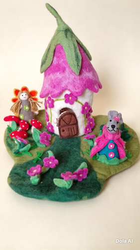 Needle felted fairy house - fairy, and