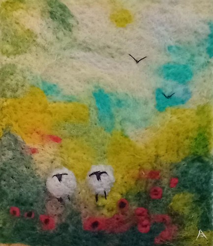 Sheep a poppy - in, field